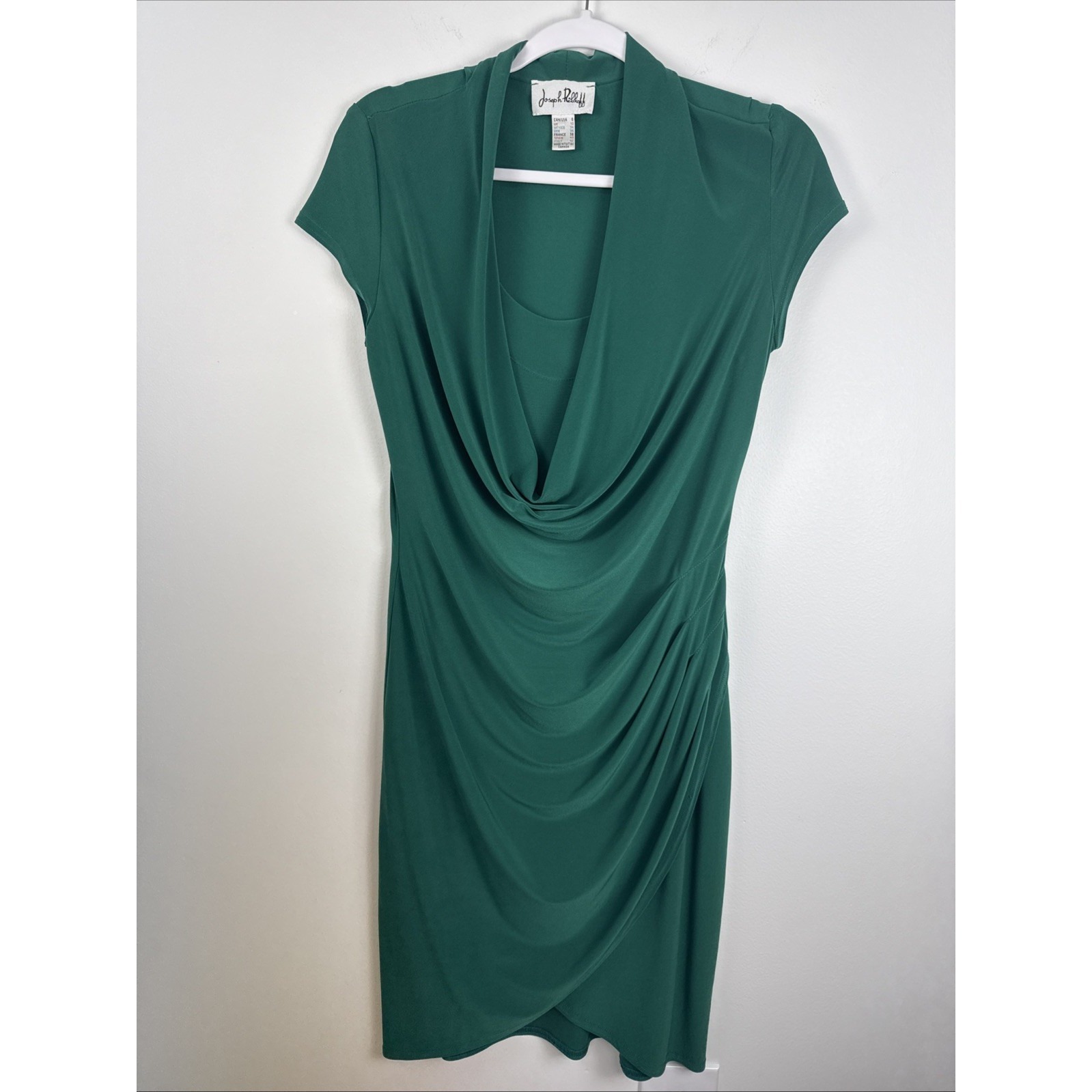 Joseph Ribkoff Ruched Cowl Neck Christmas Emerald Green Sheath Party Dress Sz 8